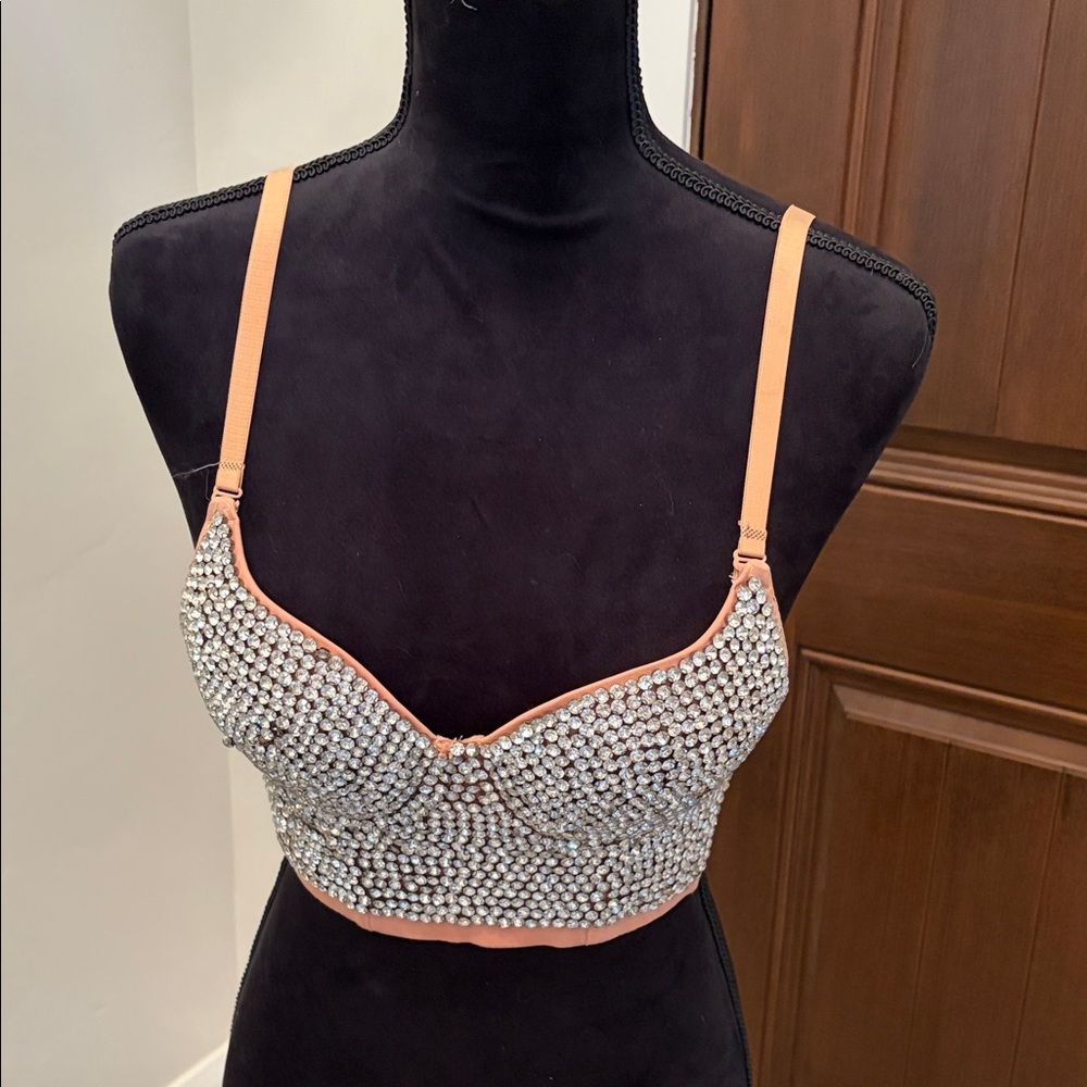Embellished Sterling Silver and Tan Bra